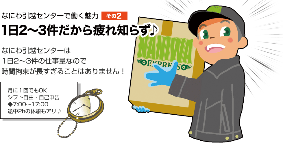 なにわ引越センターで働く魅力【その２】1日2～3件だから疲れ知らず♪ なにわ引越センターは 1日2～3件の仕事量なので時間拘束が長すぎることはありません！